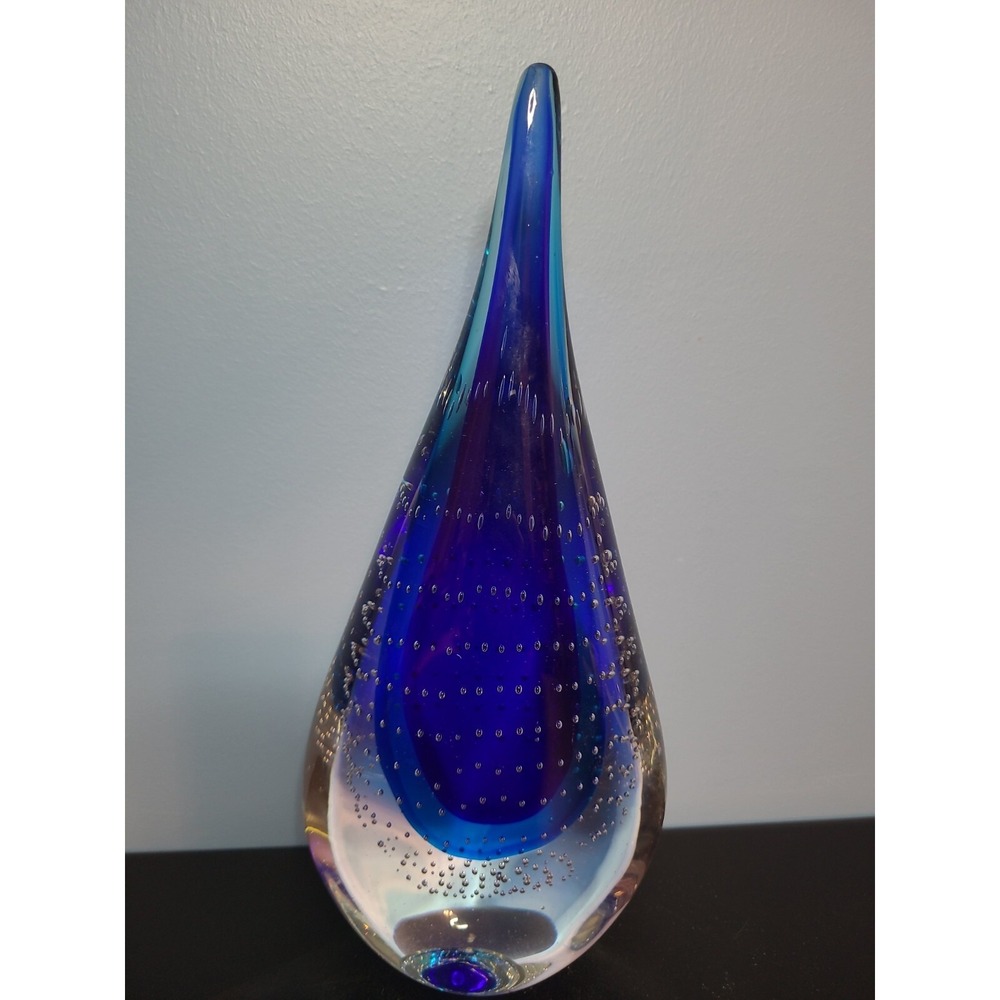 Vintage Murano (?) Teardrop Art Glass Sculpture 2 Tone Blue / Controlled Bubbles